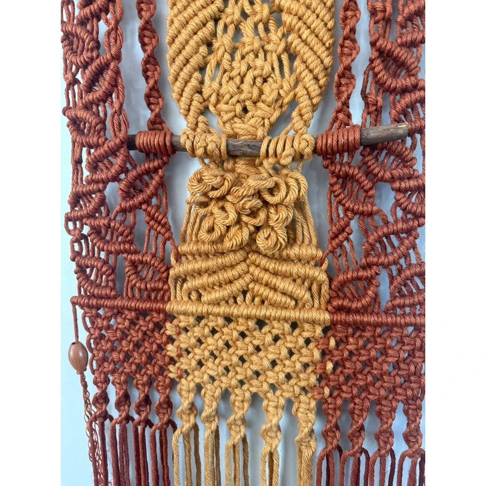 Vintage 70s Macrame Owl Wall Hanging Boho Fiber Art Terracotta Mustard Rust